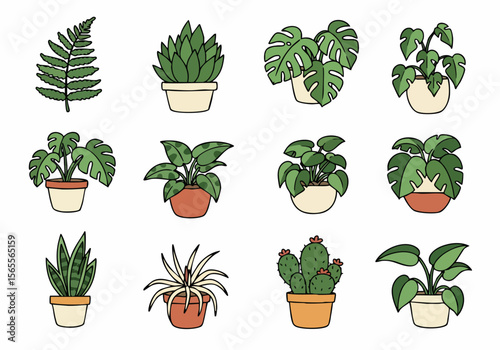 Collection of Hand-Drawn Cartoon Houseplant Illustrations in Pots