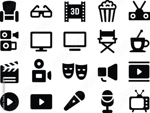Collection of black and white icons representing cinema and entertainment elements