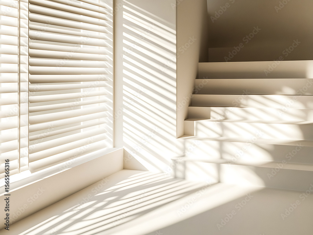 Obraz premium Minimalist staircase with warm sunlight and shadow patterns