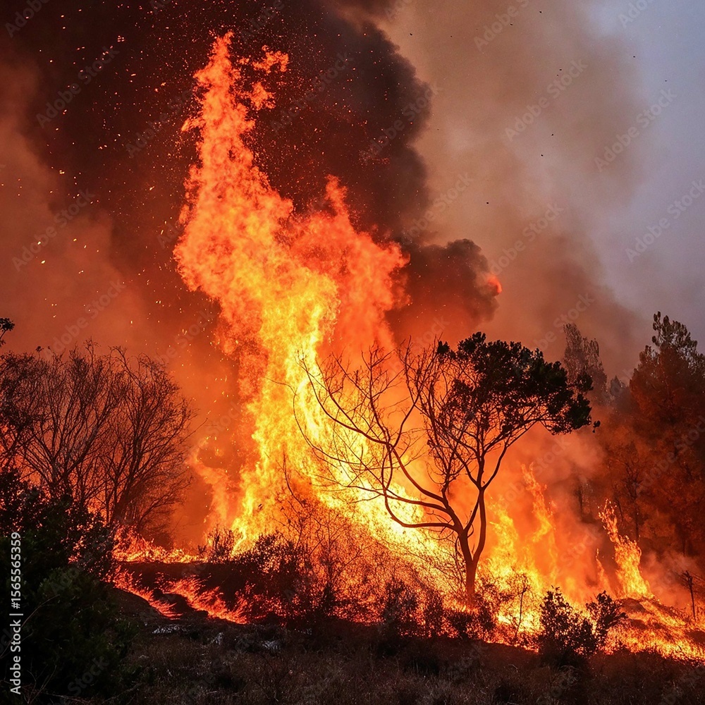 Fototapeta premium Forest wildfire burning with bright flames and smoke at night