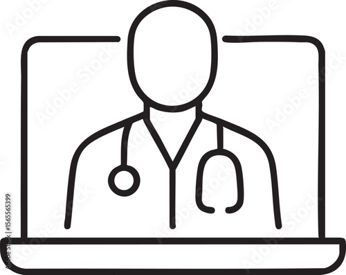 Simple Line Art Illustration of a Doctor in Front of a Computer Screen Ready to Help Patients Online