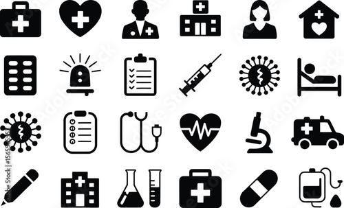 Collection of medical and healthcare icons representing various aspects of medicine and health
