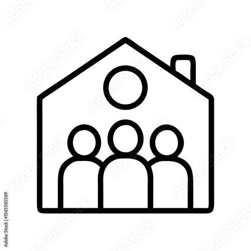 Three people inside a house with a chimney and a circular window