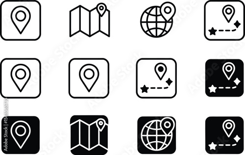 Collection of twelve location and navigation icons in black and white outline and solid styles