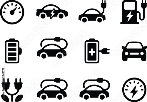 Collection of electric vehicle and charging icons with battery and speed indicators