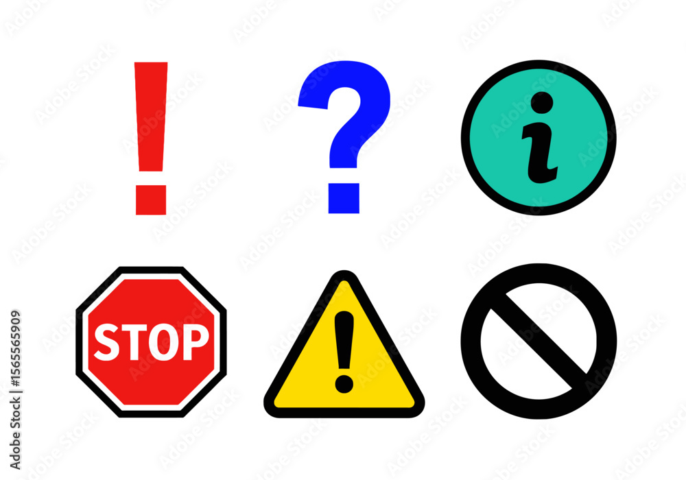 Fototapeta premium Informational and Warning Symbols Set — Exclamation, Question, Info, Stop, Warning, Prohibition Icons