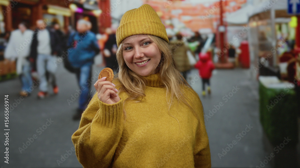 Fototapeta premium Woman smiling in a city street holding a cookie, wearing a yellow sweater and hat, surrounded by pedestrians, capturing a cheerful outdoor urban scene.