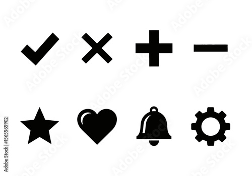 Black Symbol Icon Set — Checkmark, X, Plus, Minus, Star, Heart, Bell, Gear on Gray Background