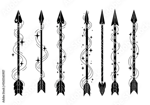 Ornate Black Arrow Collection — Intricate Swirls, Stars, Sharp Minimalist Vector Design on White Background