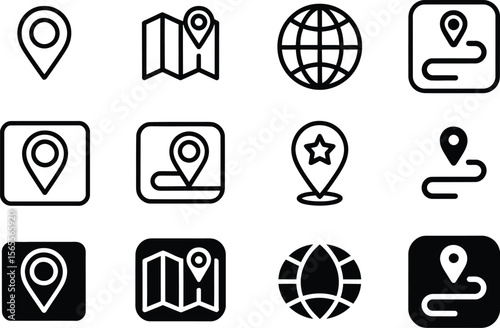 Collection of map and location icons including pins routes maps and globe