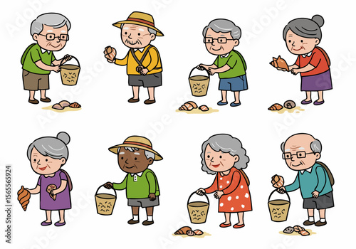 Senior citizens enjoy beachcombing, collecting seashells in buckets on a sunny day.