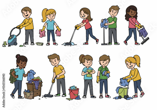 Set of diverse cartoon kids performing various cleaning chores, such as vacuuming, mopping, sweeping, and doing laundry, isolated on white background.
