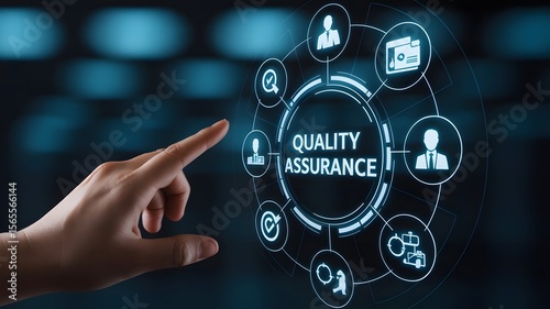 A hand points to a circular digital interface displaying the words quality assurance surrounded by related icons