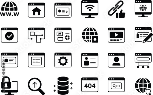 Collection of black and white icons representing internet and web services