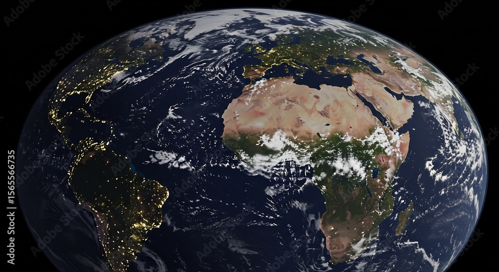 Fototapeta premium Earth at Night: Africa and Europe Gleam, Cloud Swirls Dance