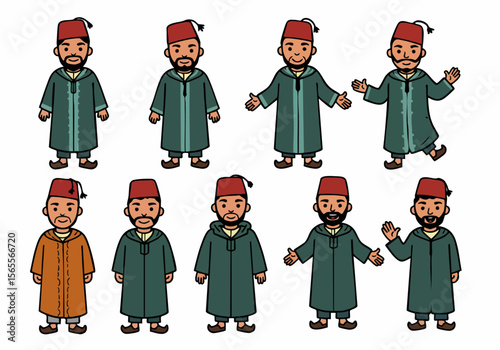 Cartoon Moroccan Men in Traditional Djellaba and Fez Hat Illustration Set Showing Various Poses and Expressions