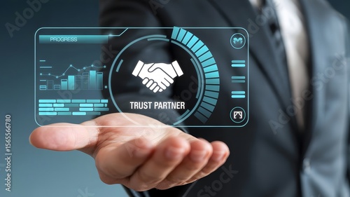 A businessman presents a holographic screen displaying a handshake icon and the words trust partner