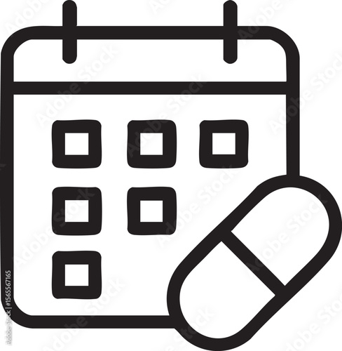 Medication Schedule Reminder Icon Calendar with Pill Symbolizing Treatment Plan and Healthcare Management in Black and White Outline