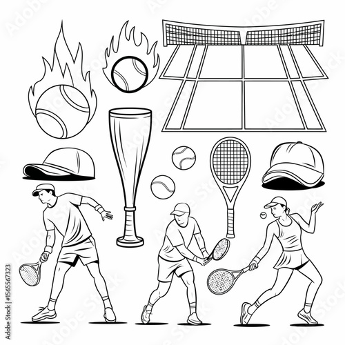 Collection of tennis-related illustrations featuring players, rackets, balls, trophies, and accessories in both outline and silhouette styles.

