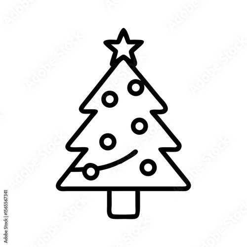 Simple line drawing of a decorated Christmas tree with star and ornaments