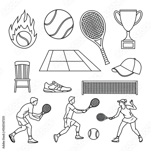 Collection of tennis-related illustrations featuring players, rackets, balls, trophies, and accessories in both outline and silhouette styles.

