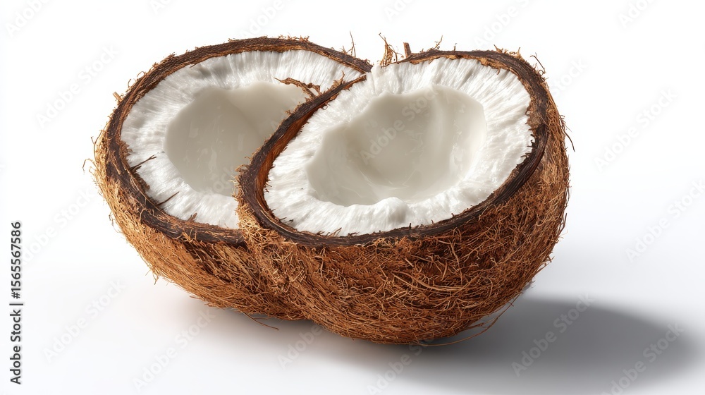 A half-eaten coconut on a clean white surface. Perfect for tropical-themed designs A half-eaten coconut on a clean white surface. Perfect for tropical-themed designs