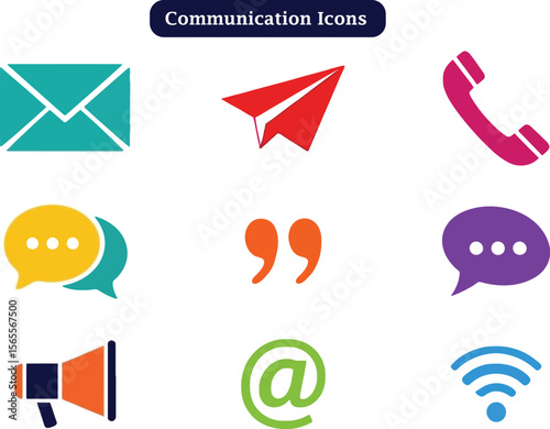 Colorful Communication Icon Grid — Envelope, Airplane, Telephone, Speech, Quote, Megaphone, At, Wi-Fi