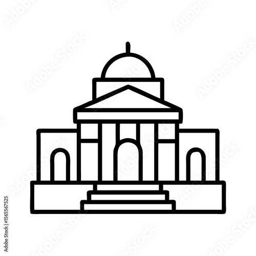 Minimalist illustration of a government building with dome and arched entrances