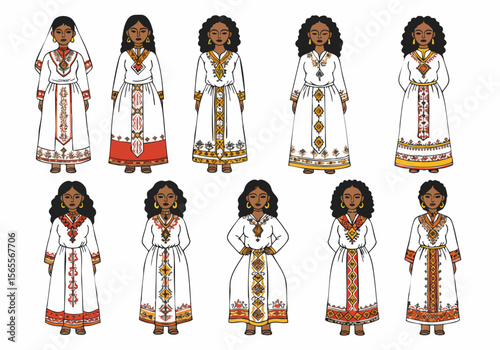 Set of illustrations featuring women in traditional Habesha Kemis dresses, showcasing diverse Ethiopian and Eritrean clothing styles with intricate patterns.