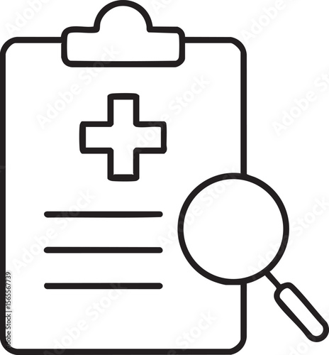 Medical Record Review Clipboard with Cross Symbol and Magnifying Glass for Healthcare Analysis and Information Examination
