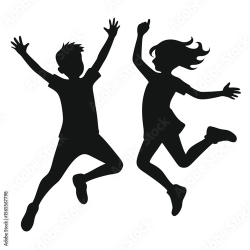 Sillouettes of people jumping, including a girl, engaged in sport and fitness, illustrating action and happiness