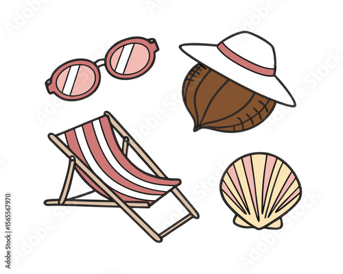 Summer Vacation Essentials Beach Chair, Hat, Sunglasses, Shell