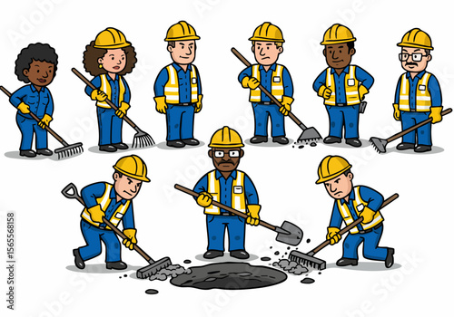 Cartoon illustration of a diverse group of construction workers or road crew members in hard hats and safety vests with tools like shovels and rakes, working on the ground.