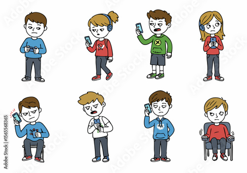 Set of diverse cartoon children and teenagers with various expressions looking at mobile phones, illustrating screen time, digital media use, boredom, and isolation.