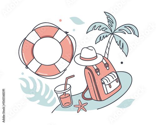 Summer Vacation Essentials Backpack, Hat, Life Preserver, Drink