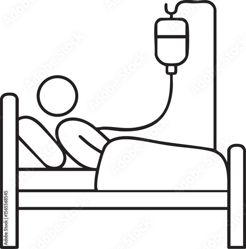 Line Art Illustration of a Patient in Hospital Bed Receiving Intravenous Therapy for Medical Treatment line