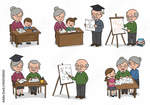 Illustration set showing grandparents and elderly people teaching and interacting with grandchildren and children in various educational and learning settings.