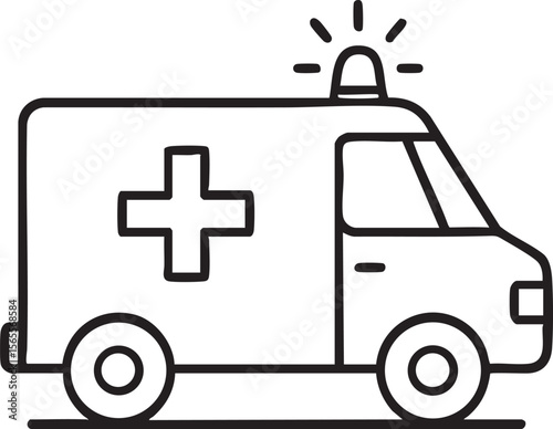 Simple Black and White Line Art Illustration of an Ambulance with a Siren and Medical Cross