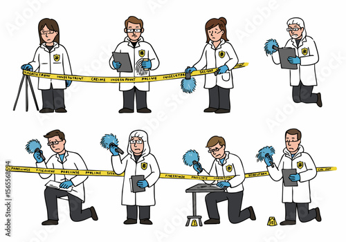 Illustration of forensic scientists and police investigators working at a crime scene, dusting for fingerprints and examining evidence behind yellow police tape.