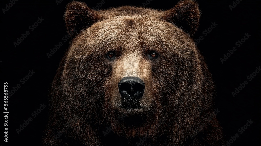 A close-up portrait of a brown bear against a black background, looking directly at the camera. A close-up portrait of a brown bear against a black background, looking directly at the camera.