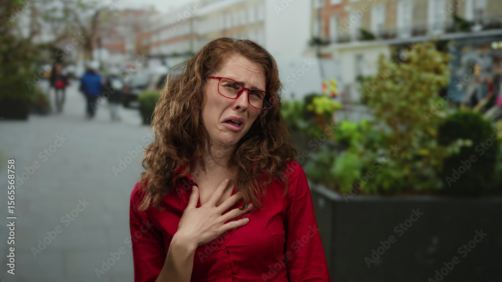 Woman with curly hair and glasses expressing emotion on a city street, wearing a red shirt, against an urban outdoor backdrop with blurred pedestrians in the background. Woman with curly hair and glasses expressing emotion on a city street, wearing a red shirt, against an urban outdoor backdrop with blurred pedestrians in the background.