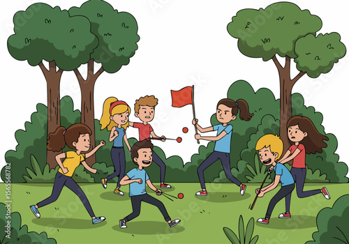 Illustration of children playing a lively team game with flags and balls outdoors in a park, depicting fun and active childhood recreation.