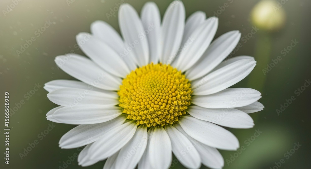 Fototapeta premium Close-up of a single, pristine white daisy with a vibrant yellow center, delicate petals, and soft background blur