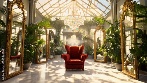Elegant Red Armchair Under Crystal Chandelier in a Lush Greenhouse Interior.