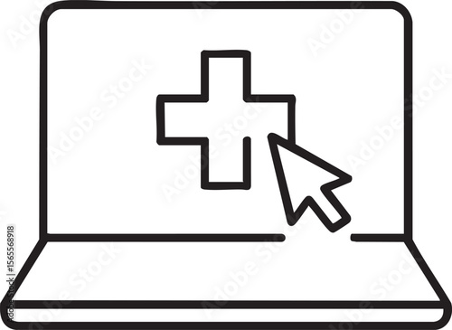 Online Healthcare Access Laptop Displaying Medical Cross with Mouse Cursor Representing Digital Health and Telemedicine Services