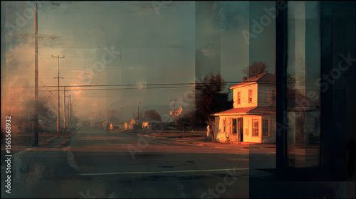 Fototapeta Naklejka Na Ścianę i Meble -  book cover on modern solitude | unspoken tension | melancholic clarity | cool shadows with warm glow | geometric framing | empty streets | layered atmospheric glow | understated detailing | small