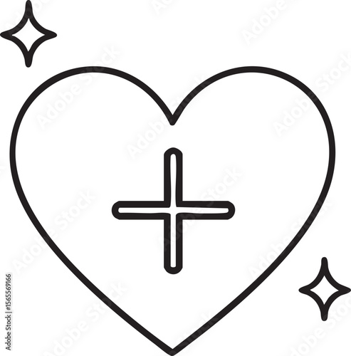 Heart with Plus Sign and Sparkles Outline Icon for Health Love and Positive Reinforcement in Black and White