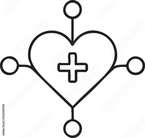 Connected Heart Health Symbol with Plus Sign Representing Healthcare Network and Holistic Well Being in Simple Black and White