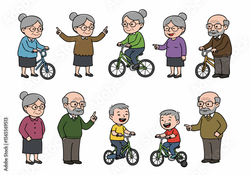 Cartoon illustration set of elderly people and children engaged in activities like riding bicycles and interacting, representing different generations and active lifestyles.