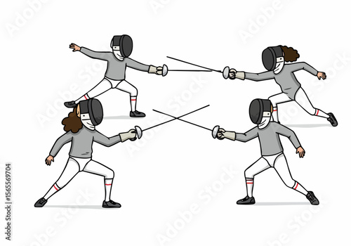 Cartoon illustration of four fencers engaged in two separate bouts, showing the dynamics and action of the sport on a white background.